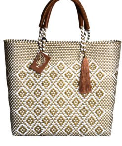 Frida Mediana Artisan Bag – White & Gold Handwoven Mexican Bag