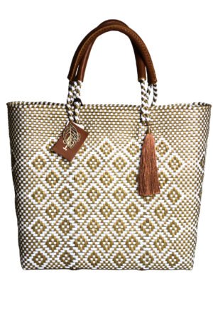 Frida Mediana Artisan Bag – White & Gold Handwoven Mexican Bag
