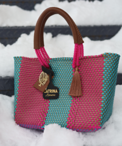 Mini Frida Artisan Bag – Pink & Aqua Blue Handwoven Mexican Bag