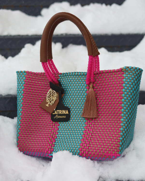 Mini Frida Artisan Bag – Pink & Aqua Blue Handwoven Mexican Bag
